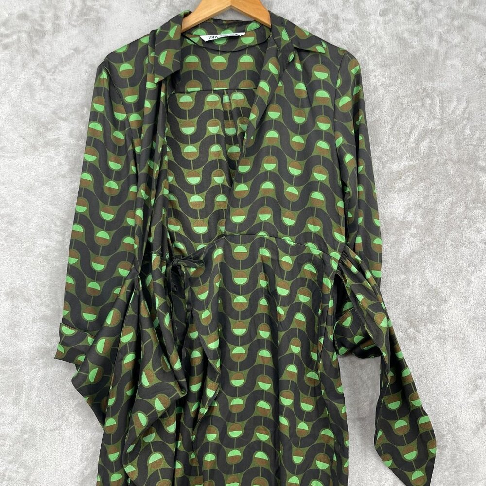 Zara Retro Printed Twill Wrap Shirt Midi Dress Disco Long Sleeve - Picture 8 of 15